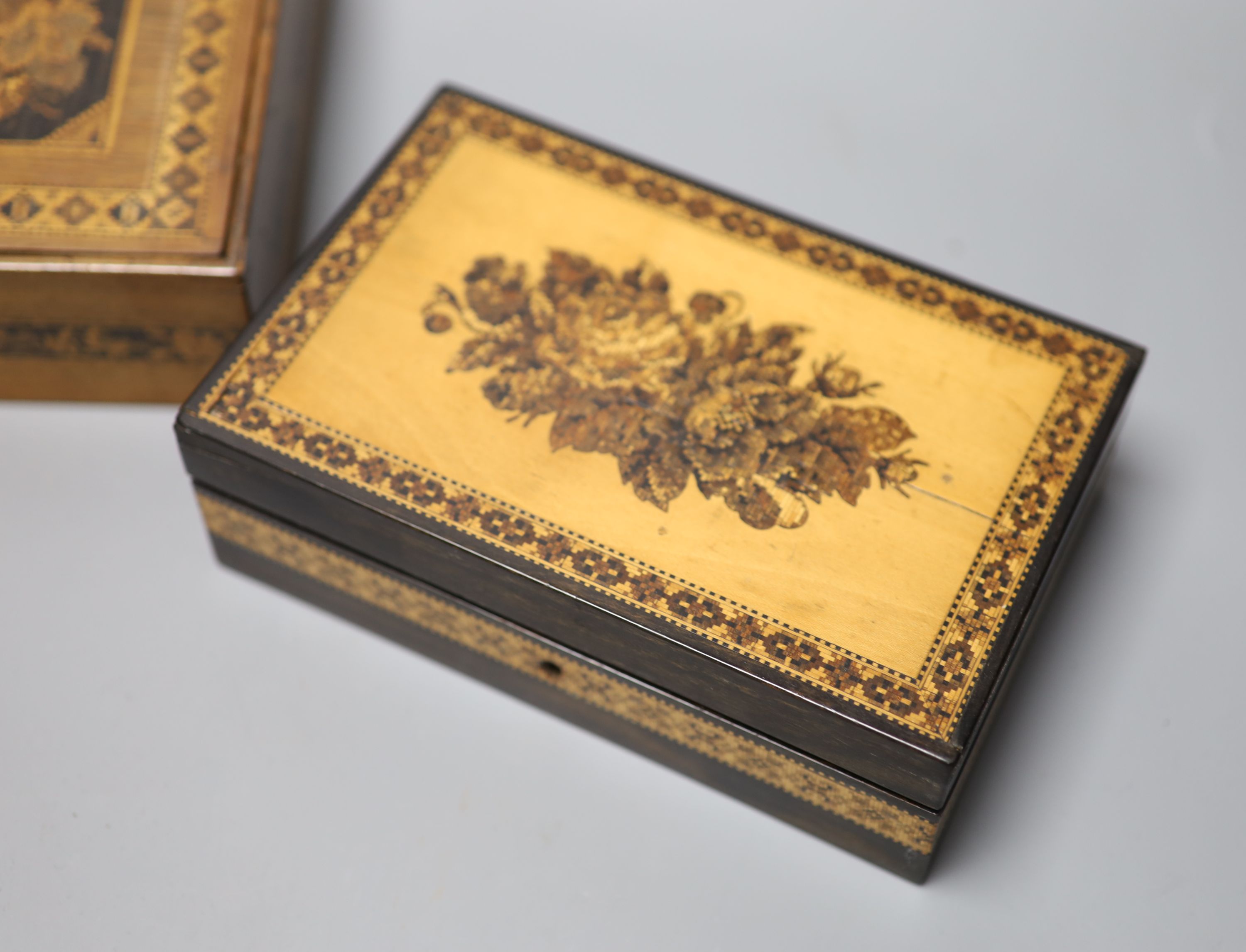 Two Tunbridgeware boxes, one for jewellery and a cribbage board